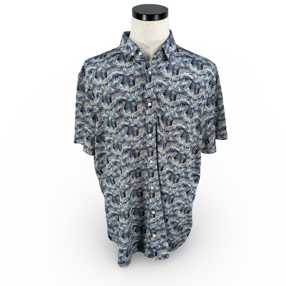 Mizzen+Main Mens XL Short Sleeve‎ Button Down Shirt Tropical Palm Navy Blue